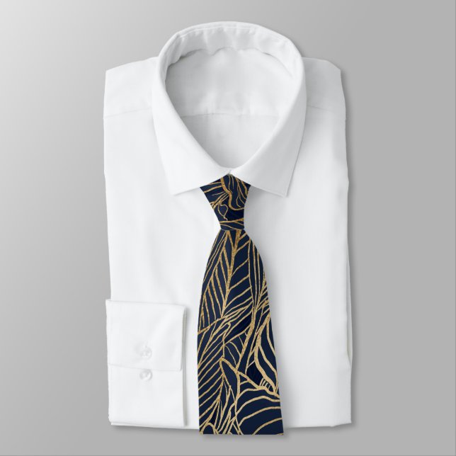 Botanisches Design der modernen Blue Gold Foliage  Krawatte (Gebunden)