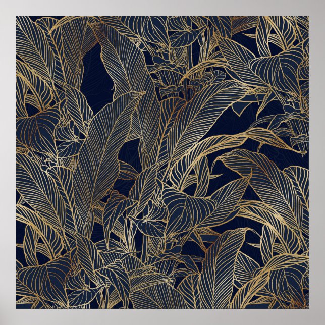 Botanisches Design der modernen Blue Gold Foliage  Poster (Vorne)