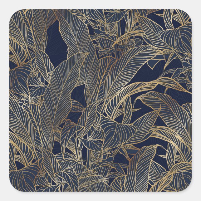 Botanisches Design der modernen Blue Gold Foliage  Quadratischer Aufkleber (Vorderseite)
