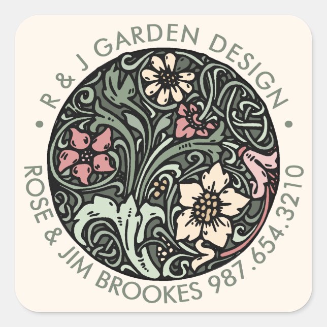 Botanisches Design mit Firmennamen und Telefon Quadratischer Aufkleber (Vorderseite)
