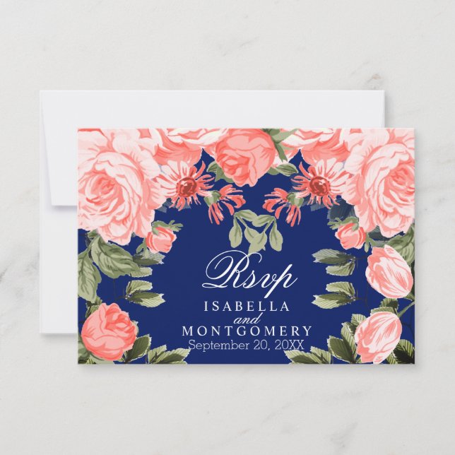 Botanisches Dunkles Blau und Korallen Blume - UAWG RSVP Karte (Vorderseite)
