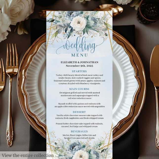 Botanisches Dusty Blue Greenerenerity Frame Weddin Menükarte (Botanical Dusty Blue Greenery Frame Wedding Menu)