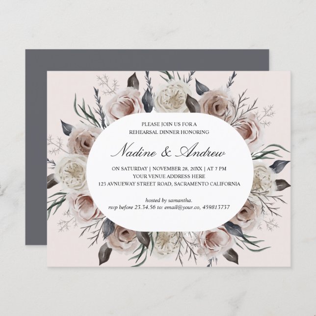 Botanisches Dusty Rose Gray Wedding Probe Dinner (Vorne/Hinten)