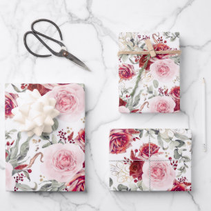 Botanisches Elegant aus Burgund Rot und Rosa Geschenkpapier Set