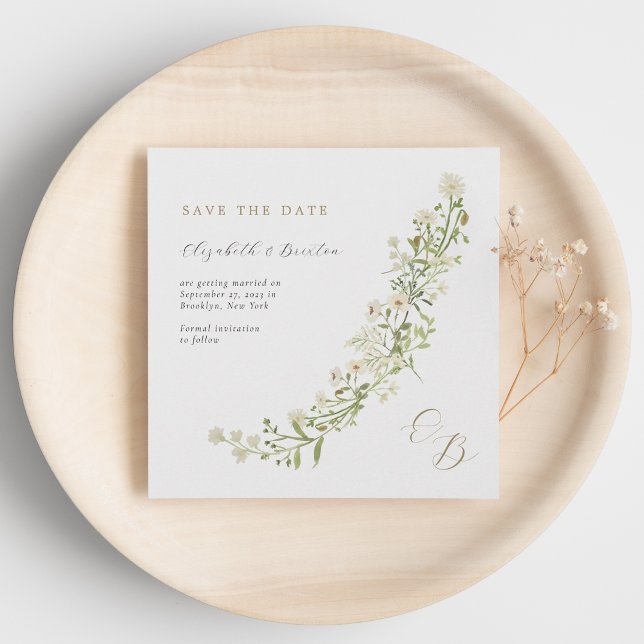 Botanisches Elfenbeingold-Wild-Blume Monogramm Hoc Save The Date (Von Creator hochgeladen)