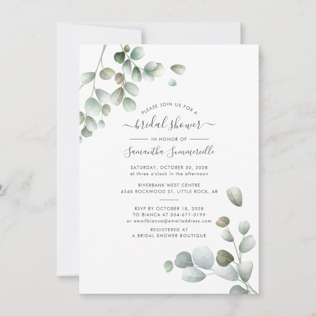 Botanisches Eukalyptus Greenery Script-Brautparty Einladung (Vorderseite)