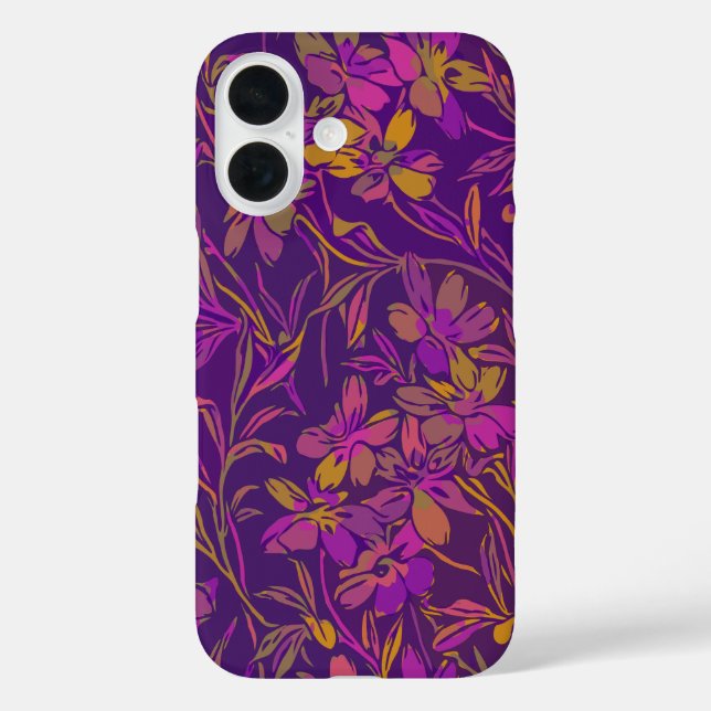 Botanisches feines Muster in dunklem Lila iPhone 16 Hülle (Rückseite)