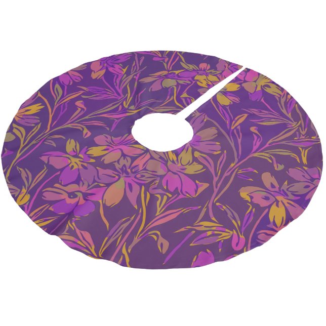 Botanisches feines Muster in dunklem Lila Polyester Weihnachtsbaumdecke (Schrägansicht)