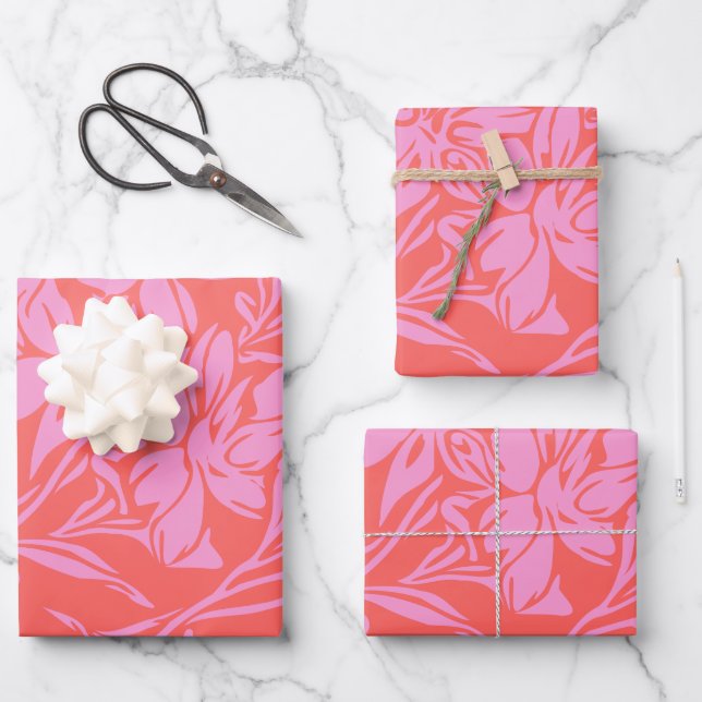 Botanisches florales Boho Art Design in Rosa und R Geschenkpapier Set (Vorderseite)