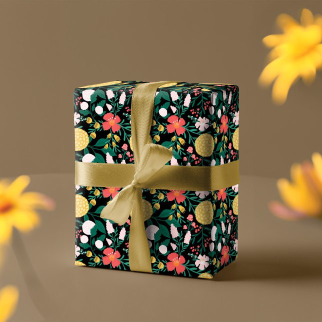 Botanisches florales festliches Gartenmuster Schwa Geschenkpapier (Botanical Floral Festive Garden Pattern Black Wrapping Paper)