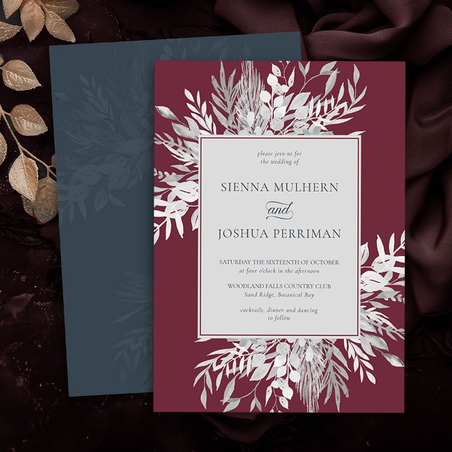 Botanisches Foliage Burgundy Gray Wedding Einladun Einladung (Elegant Burgundy and Grey wedding invitation from the Foliage Duet Collection by Darling & May)