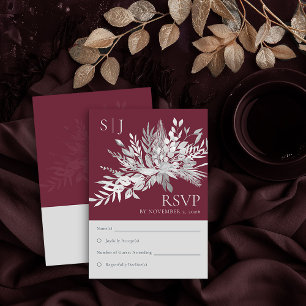 Botanisches Foliage Burgundy Monogram Wedding RSVP Karte