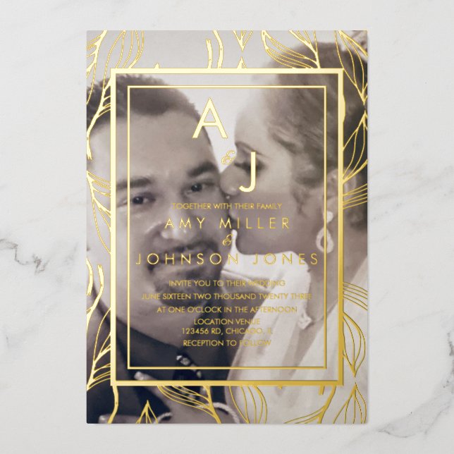 Botanisches Foliage Gold Foto Hochzeit gepresst Folieneinladung (Vorderseite)