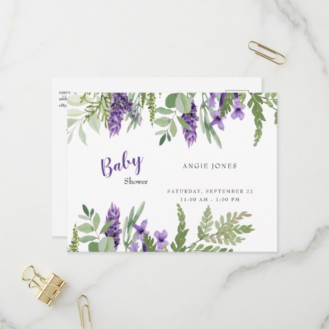 Botanisches Foliage Lavendel Kinderdusche Einladun Einladungspostkarte (Vorderseite/Rückseite Beispiel)
