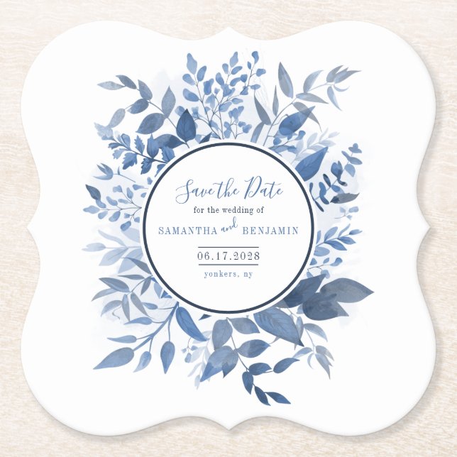 Botanisches Foliage Script Navy Blue Save the Date Untersetzer (Vorderseite)
