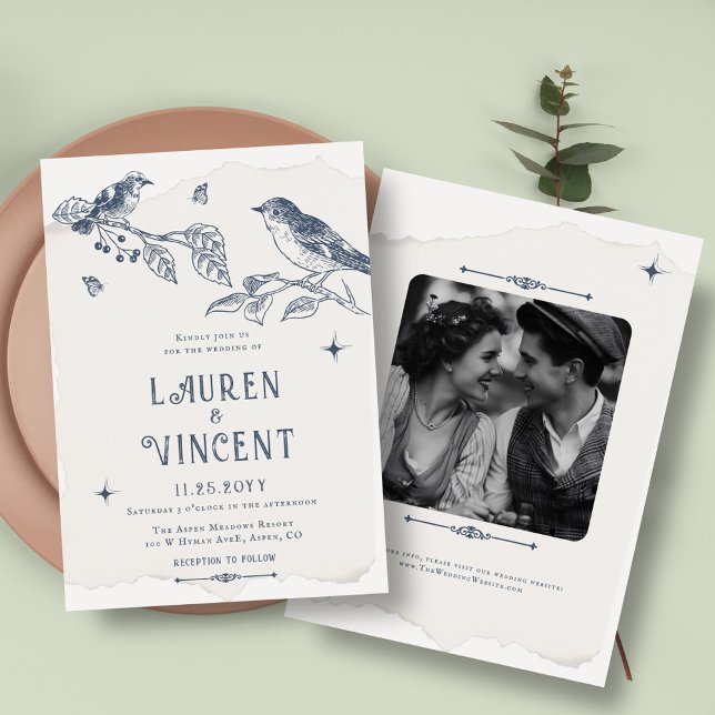 Botanisches Foto & Birds Classic Vintage Wedding Einladung (Von Creator hochgeladen)