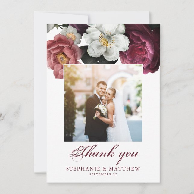 Botanisches Foto Hochzeit des Burgund Blush Dankeskarte (Vorderseite)