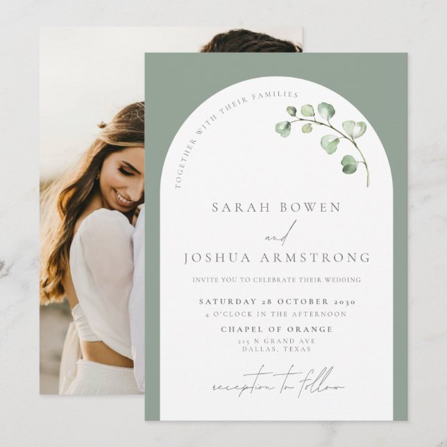Botanisches Foto Hochzeit mit dem Grünen Botanisch Einladung (Vorne/Hinten)