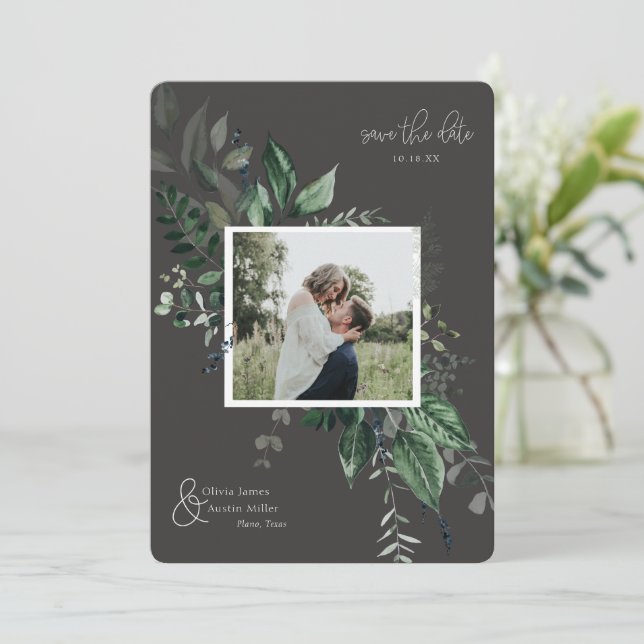 Botanisches Foto mit Blattgrün Save the Date (Stehend Vorderseite)