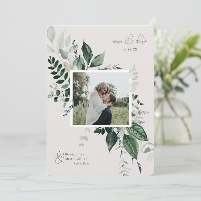 Botanisches Foto mit Blattgrün Save the Date (Stehend Vorderseite)