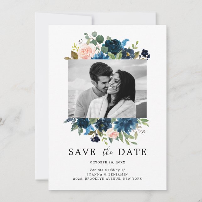 Botanisches Foto Navy Blue Blush Pink Rose Save The Date (Vorderseite)