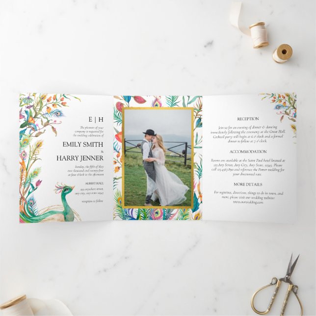 Botanisches Foto Peacock Indie Garden Wedding Dreifach Gefaltete Karte (Innenseite)