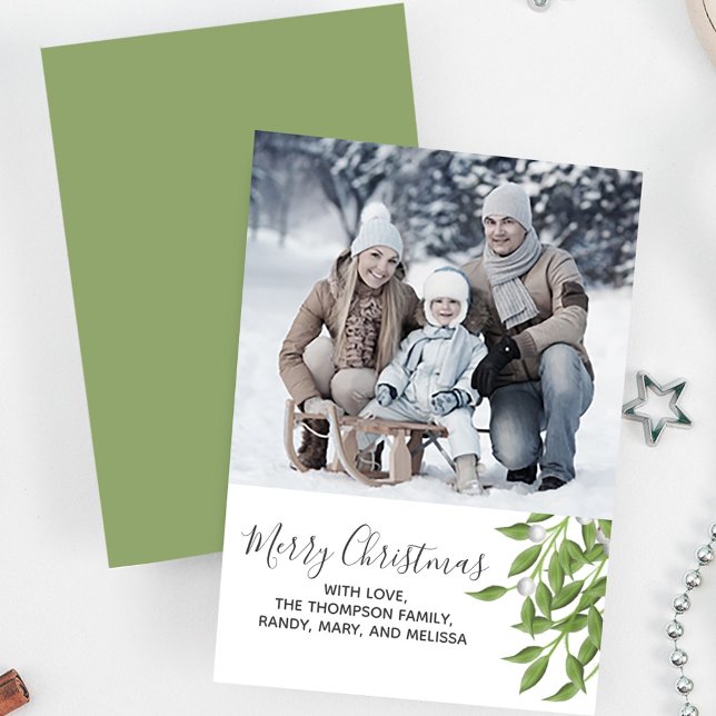 Botanisches frohe Weihnachten Ein Foto (Merry Christmas holiday greenery photo card with greenery. )