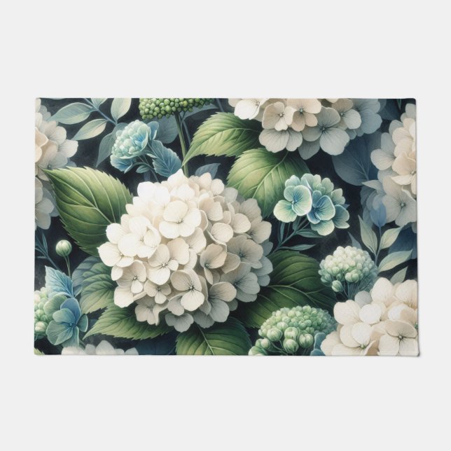 Botanisches Gemälde mit weißem Hydrangea Fußmatte (Vorderseite)