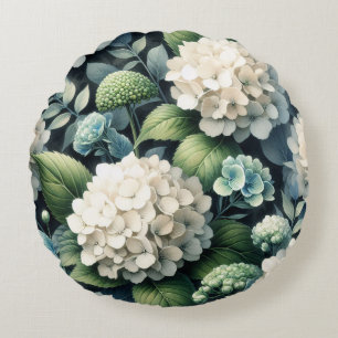 Botanisches Gemälde mit weißem Hydrangea Rundes Kissen