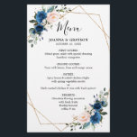 Botanisches geometrisches Hochzeitsmenü mit blauem<br><div class="desc">Elegante und moderne romantische geometrische Aquarell Blumenkarte mit einem Bouquet von marineblau / königsblau ,  rot-rosa,  pfirsichfarbenen Rose mit passendem Blattwerk. Ideal für einen Herbst / Hochzeitsmitte. Weitere passende Designs und Variationen finden Sie in meinem "Blitzweddingpaperie" Shop. Und zögern Sie nicht,  mich für weitere Anpassungen oder Matching-Produkte zu kontaktieren</div>
