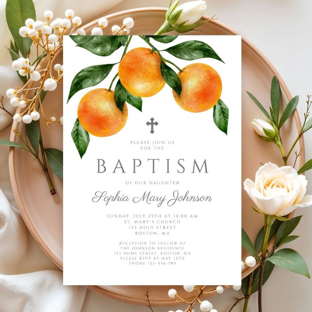 Botanisches Girl-Taufbecken Einladung (Elegant Oranges Botanical Girl Baptism Invitation)