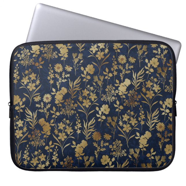 Botanisches Gold Blume Blaues Muster Laptopschutzhülle (Vorderseite)