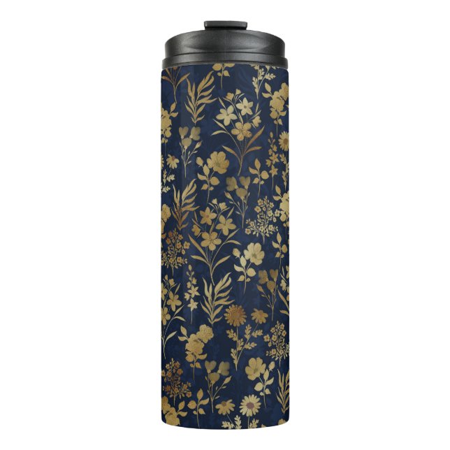 Botanisches Gold Blume Blaues Muster Thermosbecher (Vorderseite)