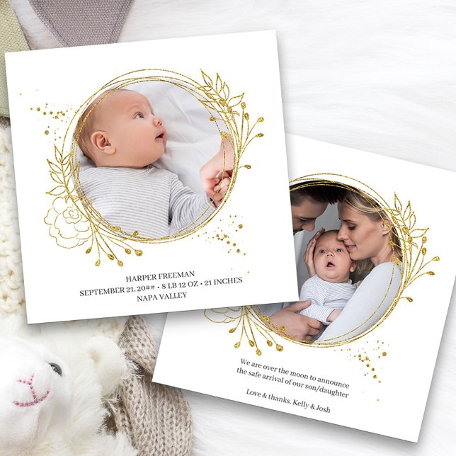 Botanisches Gold Foto Rahmen Elegante Geburt Ankündigung (2 Framed Photo Baby Birth Announcement. Buy printed or as a printable digital download)