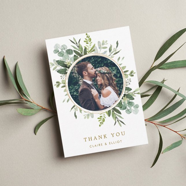 Botanisches Gold Green Wreath Wedding Foto Dankeskarte (Von Creator hochgeladen)