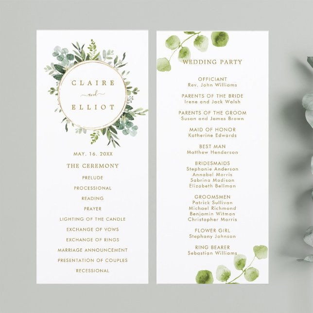 Botanisches Gold-Grün-Hochzeitszeremonie-Programm Programm (Front & Back)