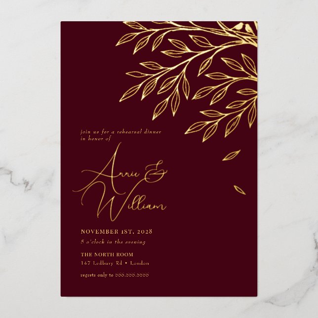 Botanisches Gold Leaf Burgund Probe Abendessen Folieneinladung (Vorderseite)
