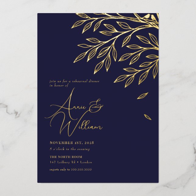 Botanisches Gold Leaf Navy Probe Dinner Folieneinladung (Vorderseite)