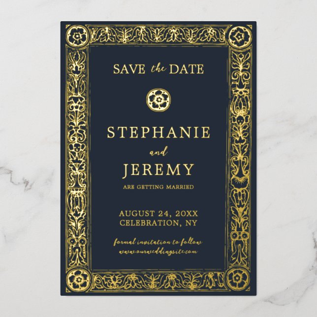 Botanisches Gold Navy-Floral Save the Date Folieneinladung (Vorderseite)
