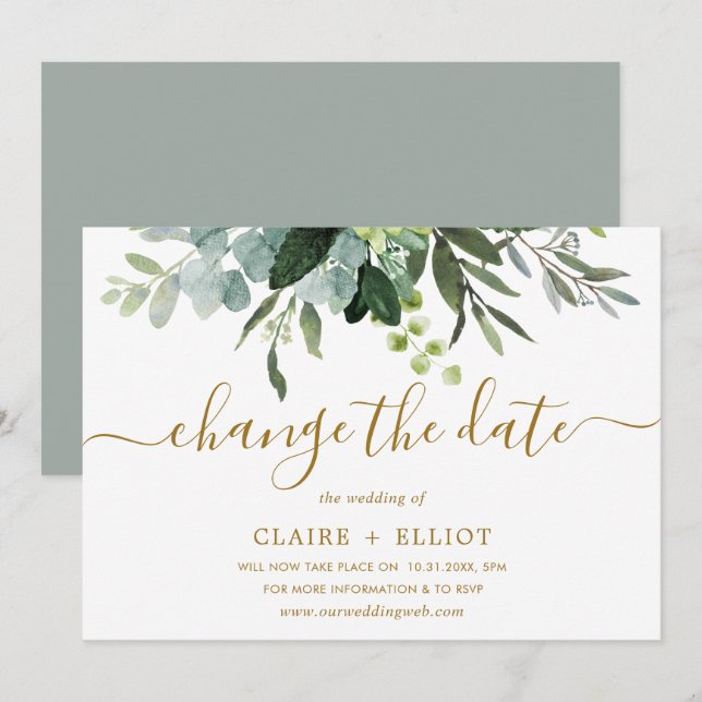 Botanisches Gold und grüne Hochzeit ändern Datum Einladung (Vorne/Hinten)