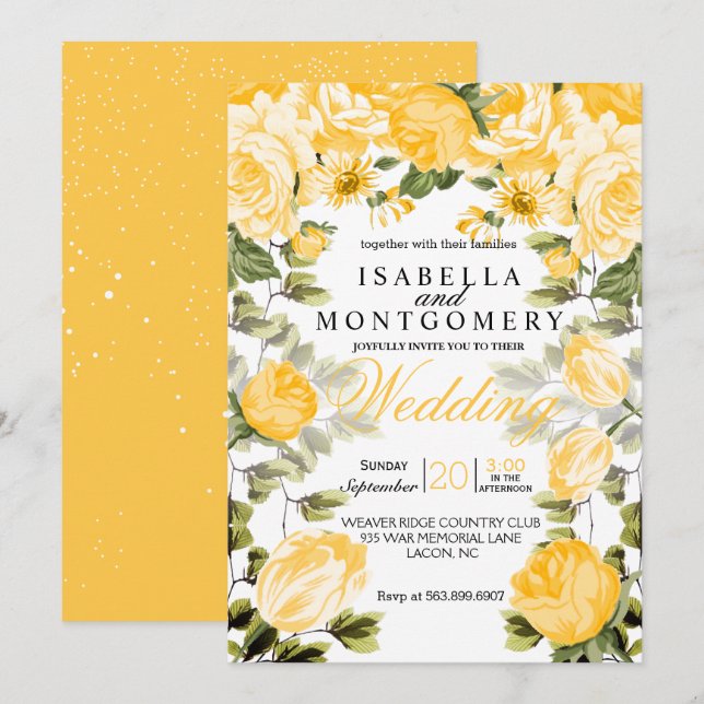 Botanisches Golden Yellow Floral Wedding Einladung (Vorne/Hinten)