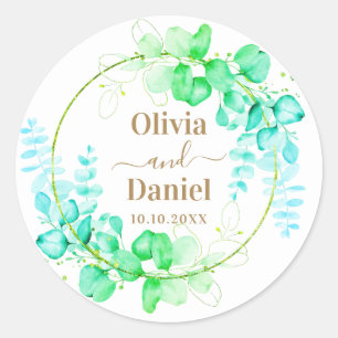 Botanisches Goldgrün für die Hochzeit personalisie Runder Aufkleber