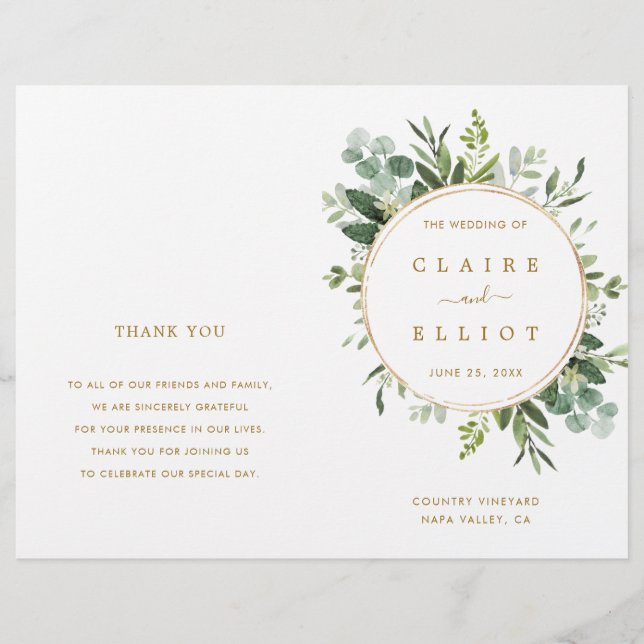 Botanisches Goldgrün Hochzeitsprogramm (Vorderseite)