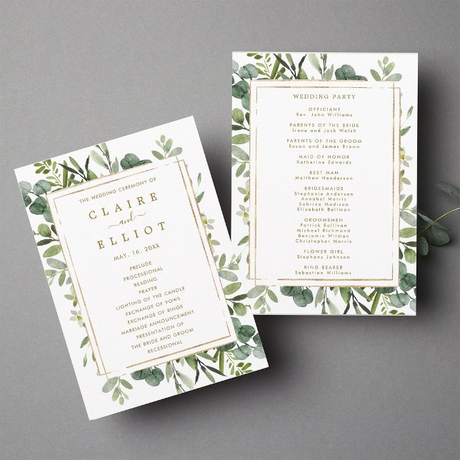 Botanisches Goldgrün Hochzeitsprogramm Programm (Front & Back)