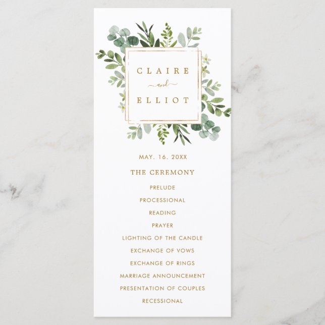 Botanisches Goldgrün Hochzeitsprogramm Programm (Vorderseite)