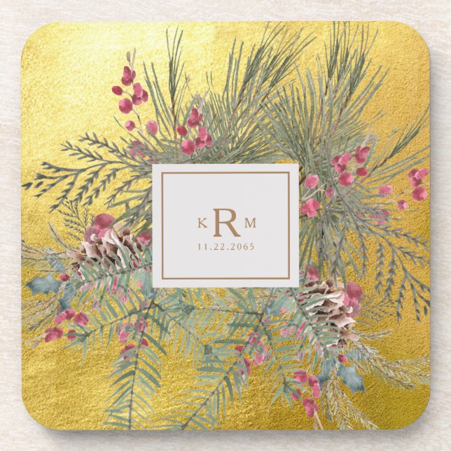 Botanisches Goldmonogramm Getränkeuntersetzer (Vorderseite)