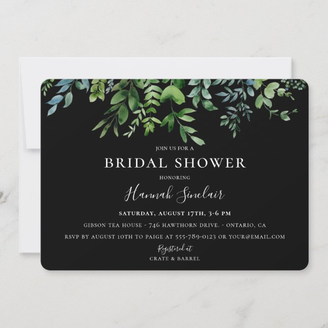 Botanisches Greenery Black Brautparty Einladung (Vorderseite)