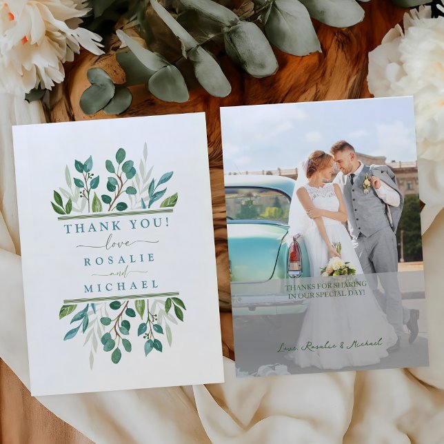 Botanisches Greenery Wedding Foto Vielen Dank Mitteilungskarte (Flat Photo Wedding Thank You Card Front and Back)