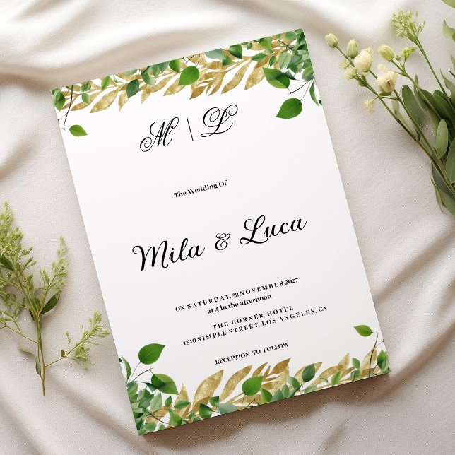 Botanisches Grün, goldenes Blattwerk Hochzeit Einladung (Botanical greenery gold foliage Wedding )