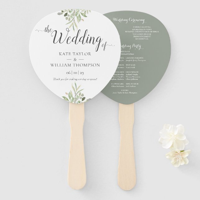 Botanisches Grün-Skript-Hochzeitsprogramm Fächer (Vorne und Hinten)